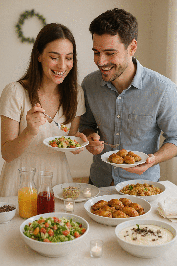 Casal sorridente fazendo degustação de buffet econômico em uma mesa com pratos variados, como saladas e sobremesas caseiras, em um espaço aconchegante e minimalista