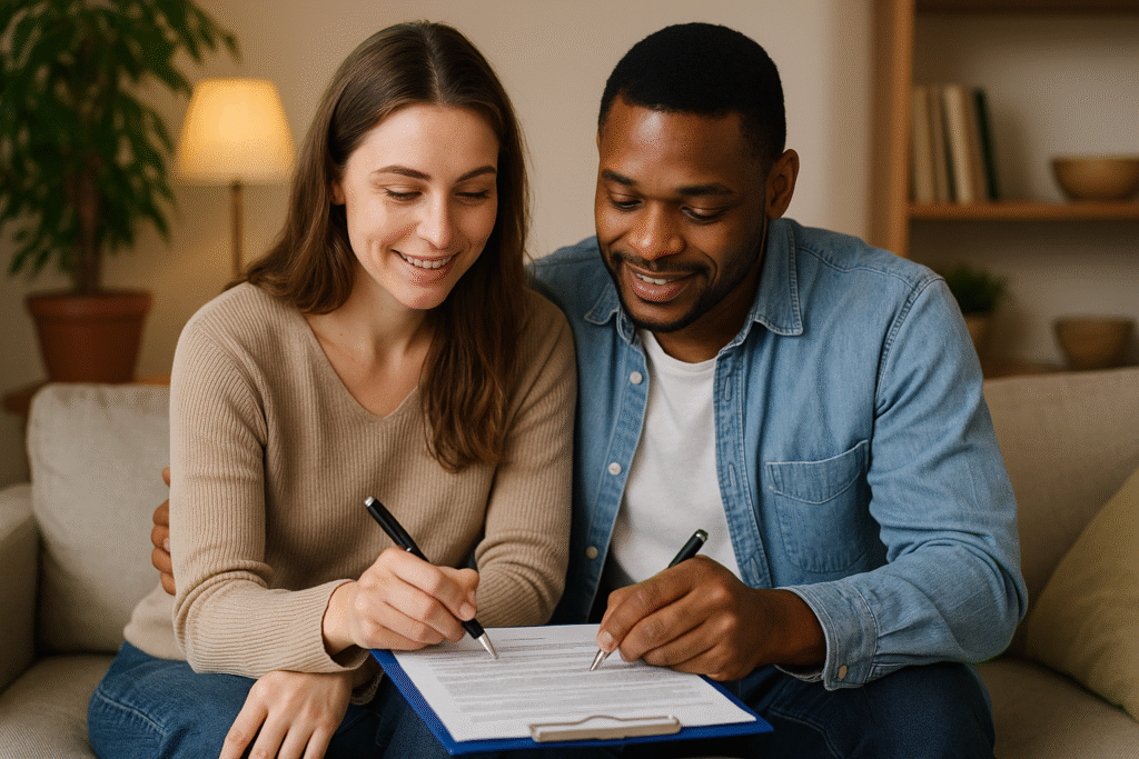 Casal assinando contrato de união estável em ambiente informal