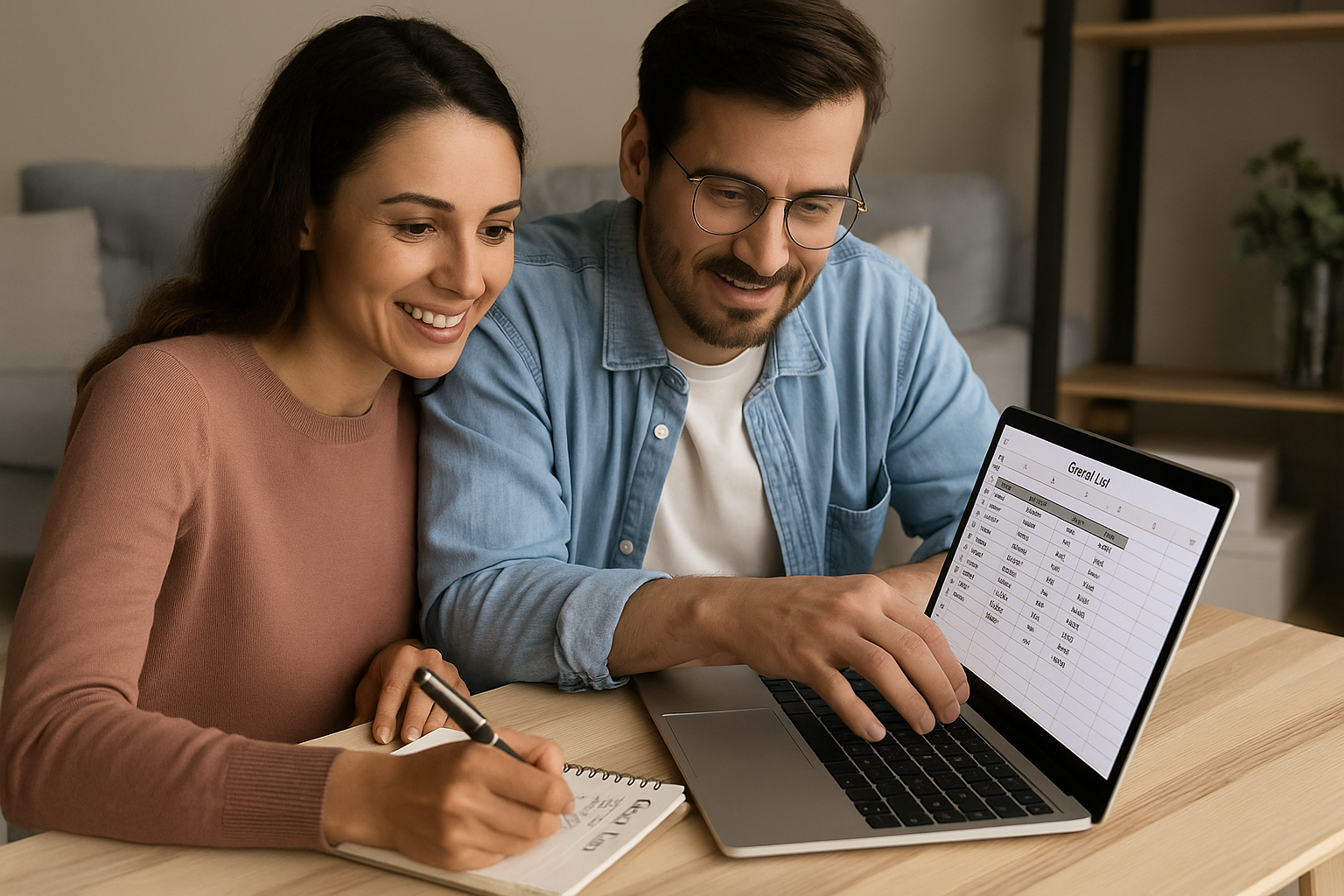 Casal atualizando planilha de convidados no laptop e caderno