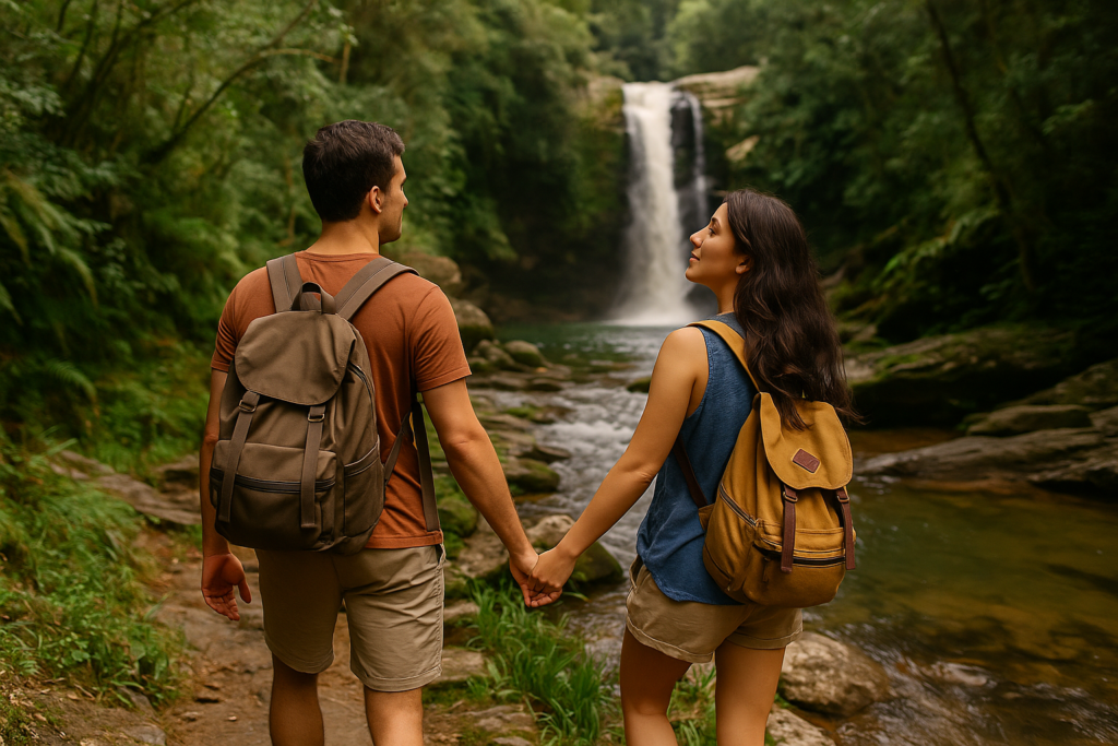 Casal caminhando em trilha com cachoeira ao fundo