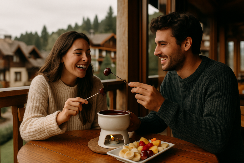 Casal curtindo fondue ao ar livre em clima serrano