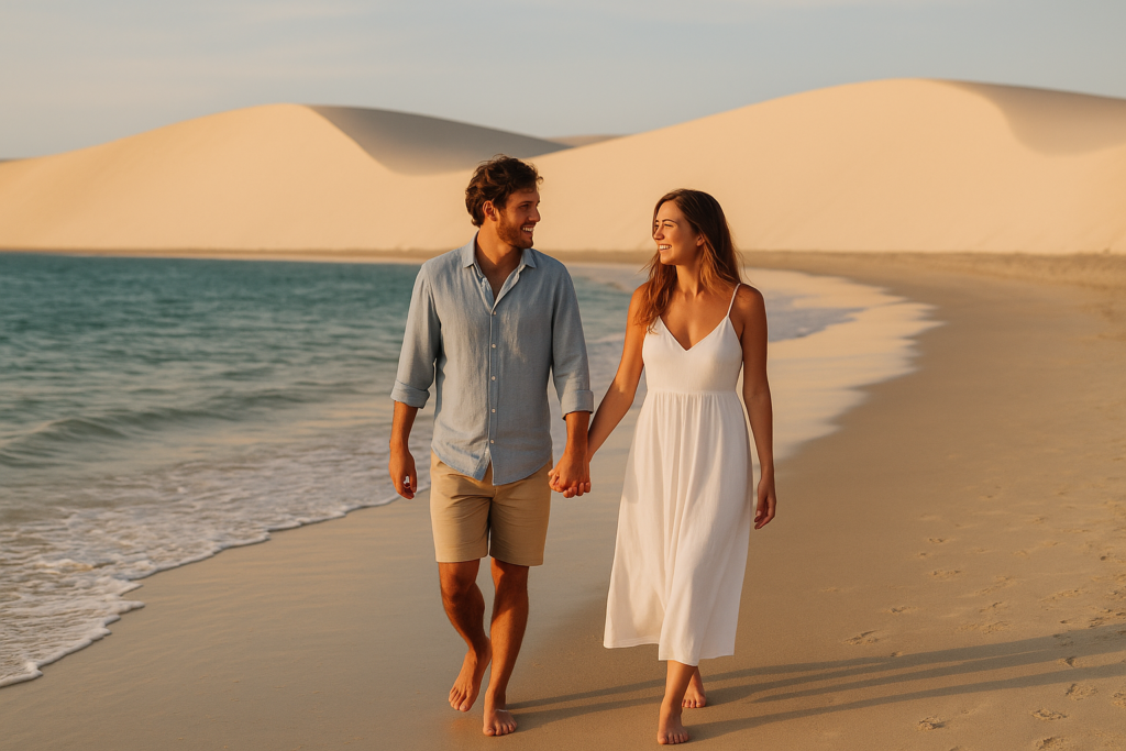 Casal de mãos dadas caminhando na praia com dunas