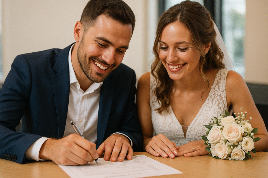 Casal oficializando casamento civil com assinatura no cartório_