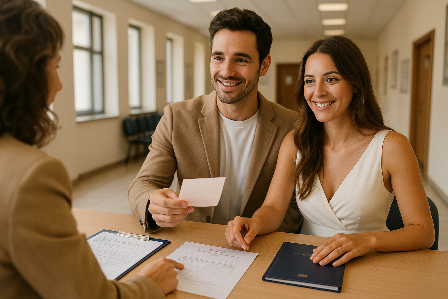 Casal sorridente entregando documentos no cartório para oficializar o casamento civil