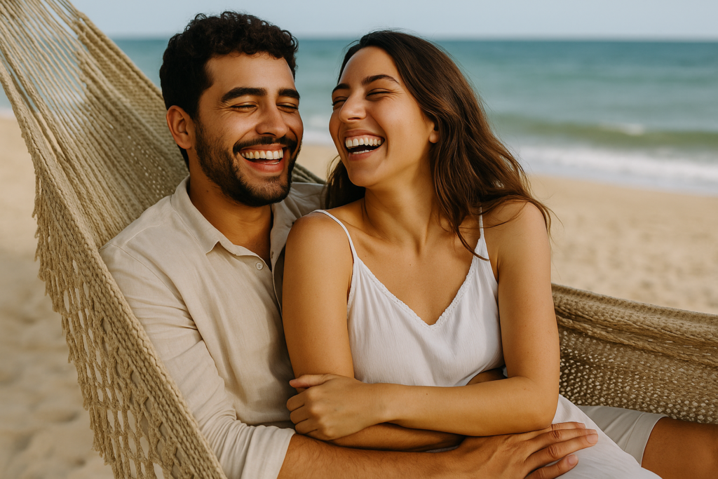 Casal sorrindo em rede à beira do mar, em clima de lua de mel autoral