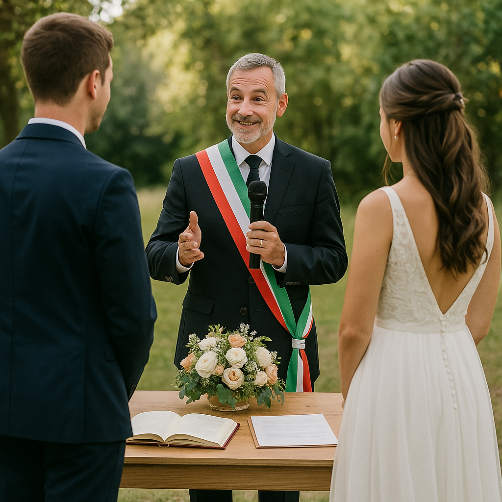 Casamento civil fora do cartório com juiz de paz em cerimônia ao ar livre