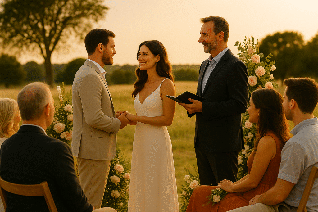 Casamento intimista com troca de votos ao ar livre e clima acolhedor