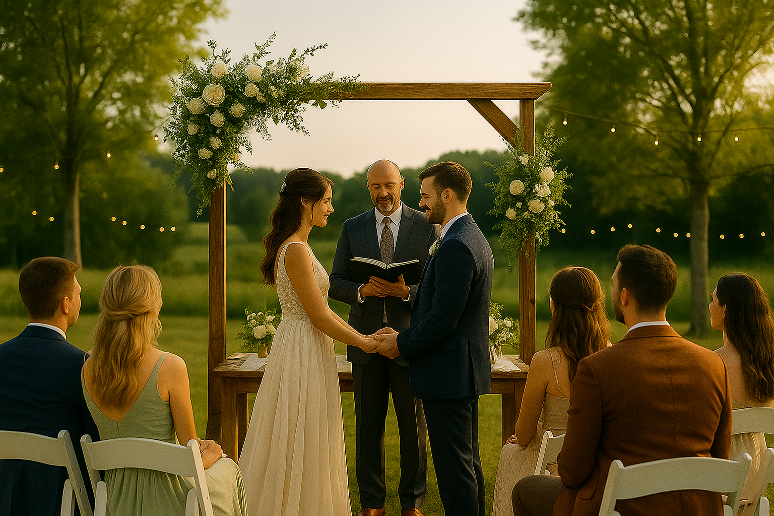 Casamento no campo com altar decorado ao ar livre e clima bucólico