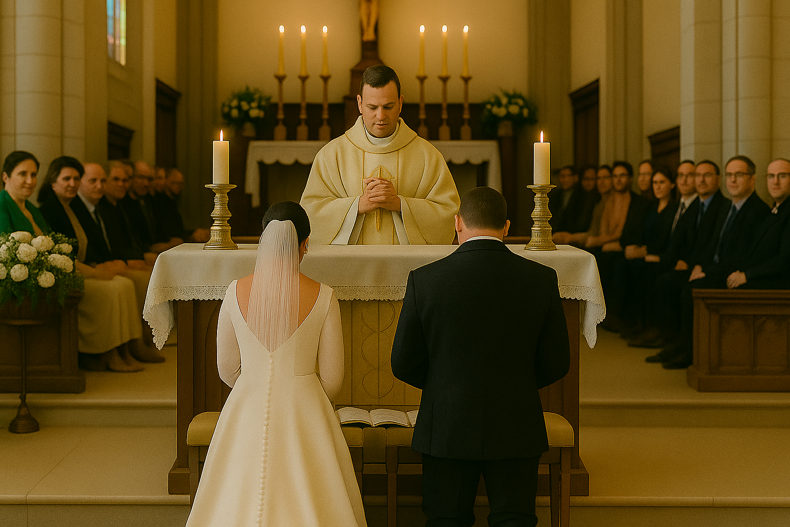 Casamento religioso com noivos em oração no altar_