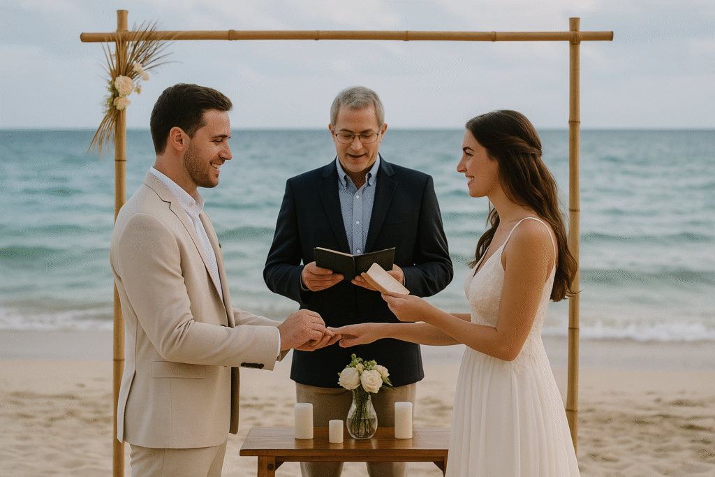 Casamento simbólico ao ar livre com troca de votos à beira-mar_