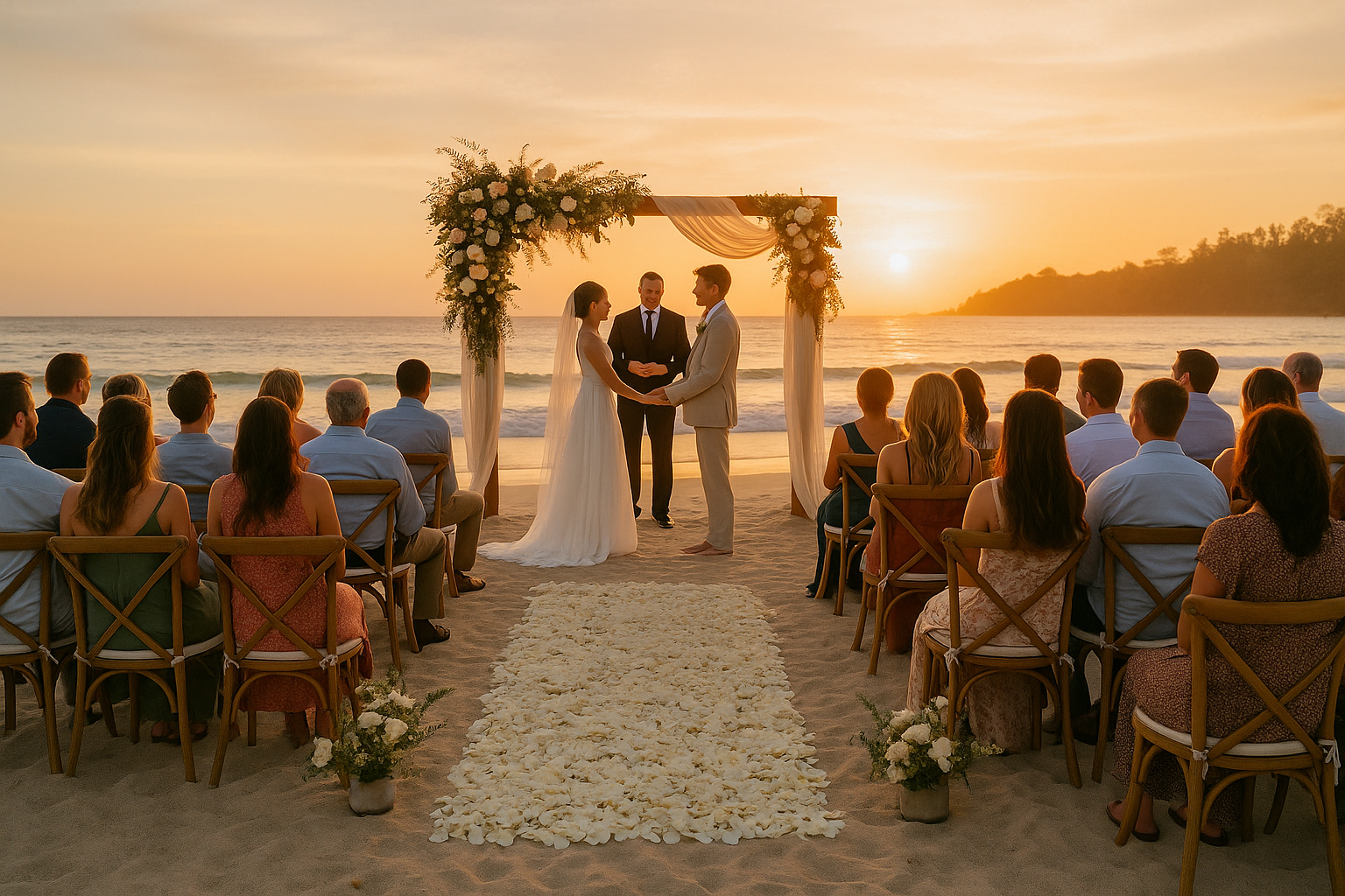 Cerimônia de casamento na praia com altar decorado e cenário natural
