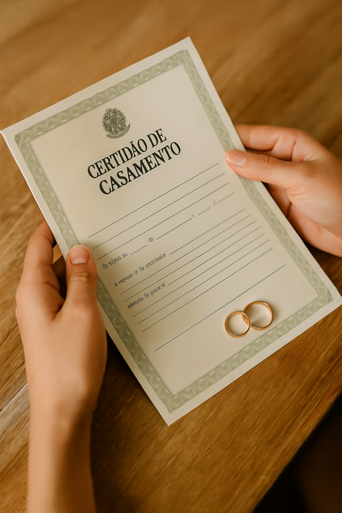 Certidão de casamento civil com alianças apoiadas sobre mesa de madeira