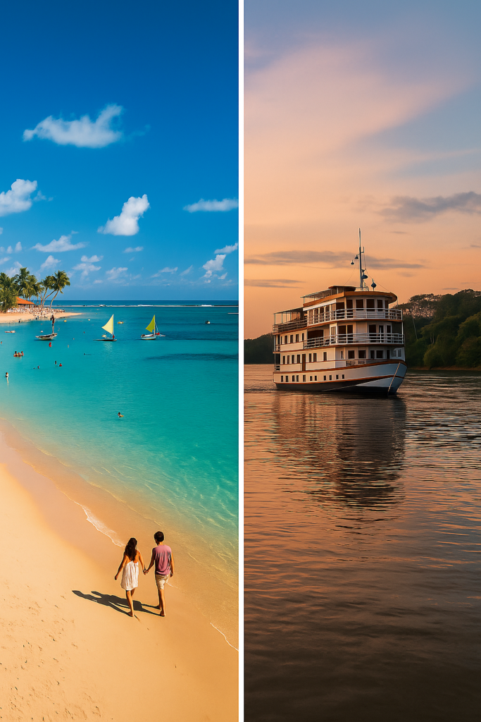 Comparativo visual entre praia paradisíaca e cruzeiro na Amazônia