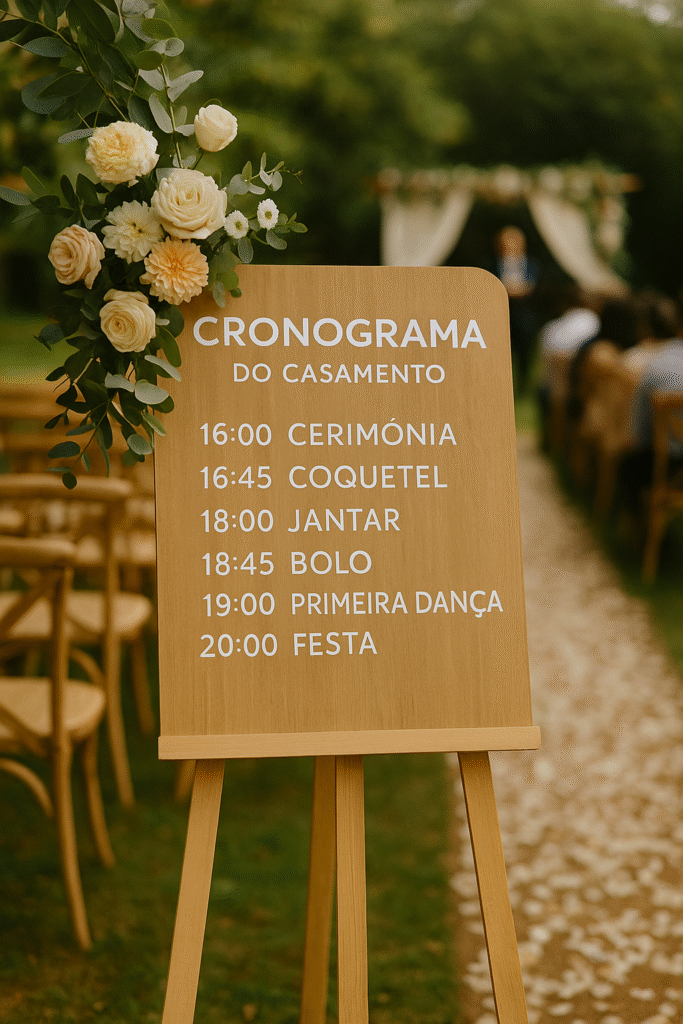 Cronograma do dia do casamento exibido em painel decorativo na entrada da cerimônia