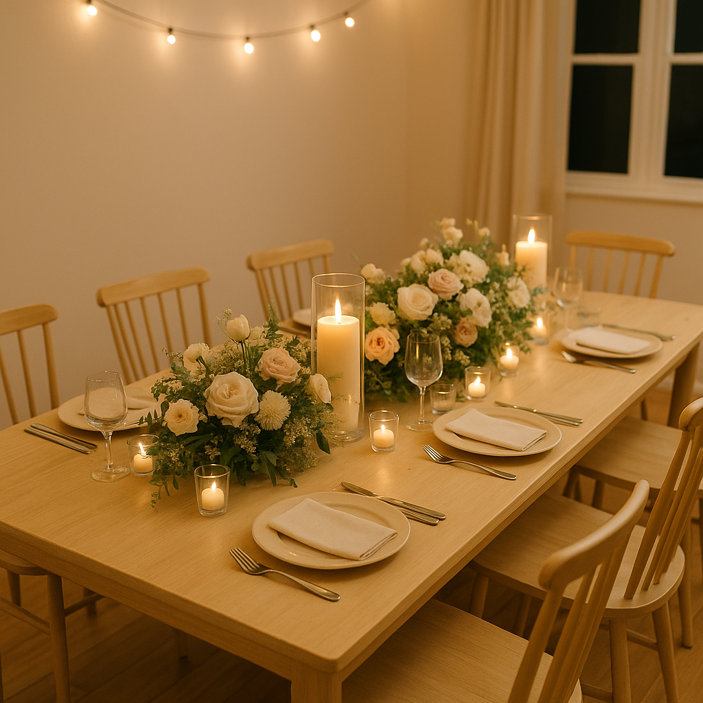 Decoração de mesa para casamento intimista com flores e luzes em espaço acolhedor