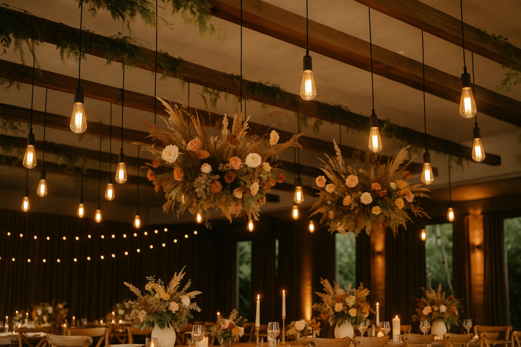Decoração de teto com flores suspensas e iluminação quente em casamento contemporâneo