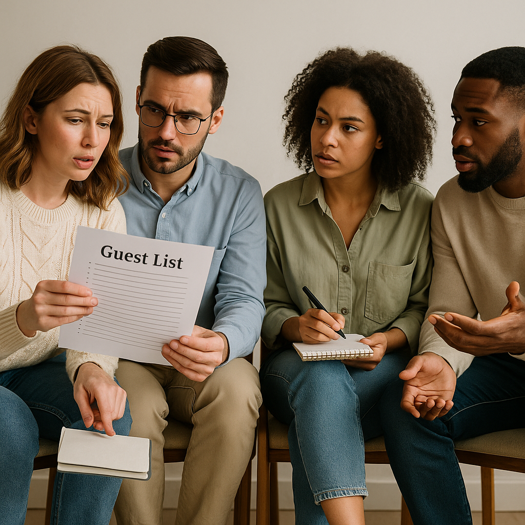 Dois casais discutindo lista de convidados sentados em cadeiras lado a lado