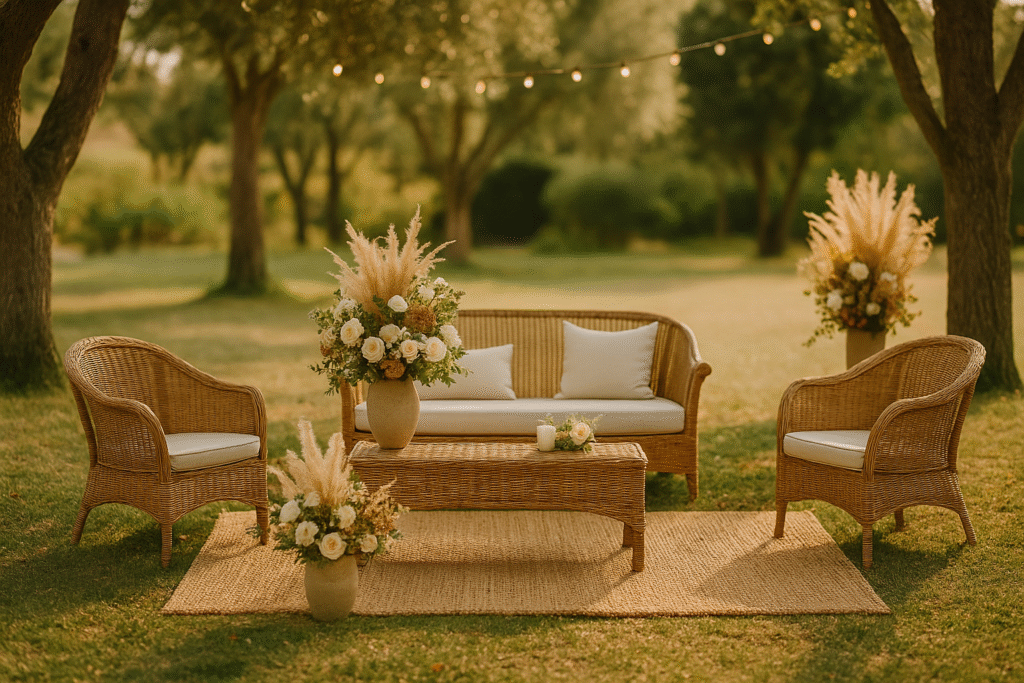 Espaço lounge rústico chic com decoração aconchegante para recepção de casamento ao ar livre