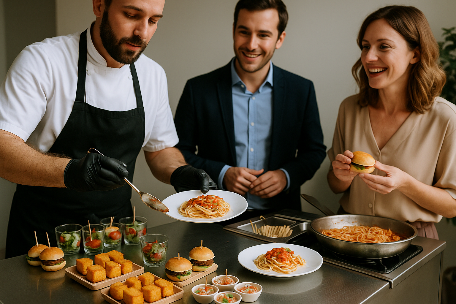 Estação Gastronômica Criativa no Casamento Casal sorridente fazendo degustação de buffet econômico em uma mesa com pratos variados, como saladas e sobremesas caseiras, em um espaço aconchegante e minimalista