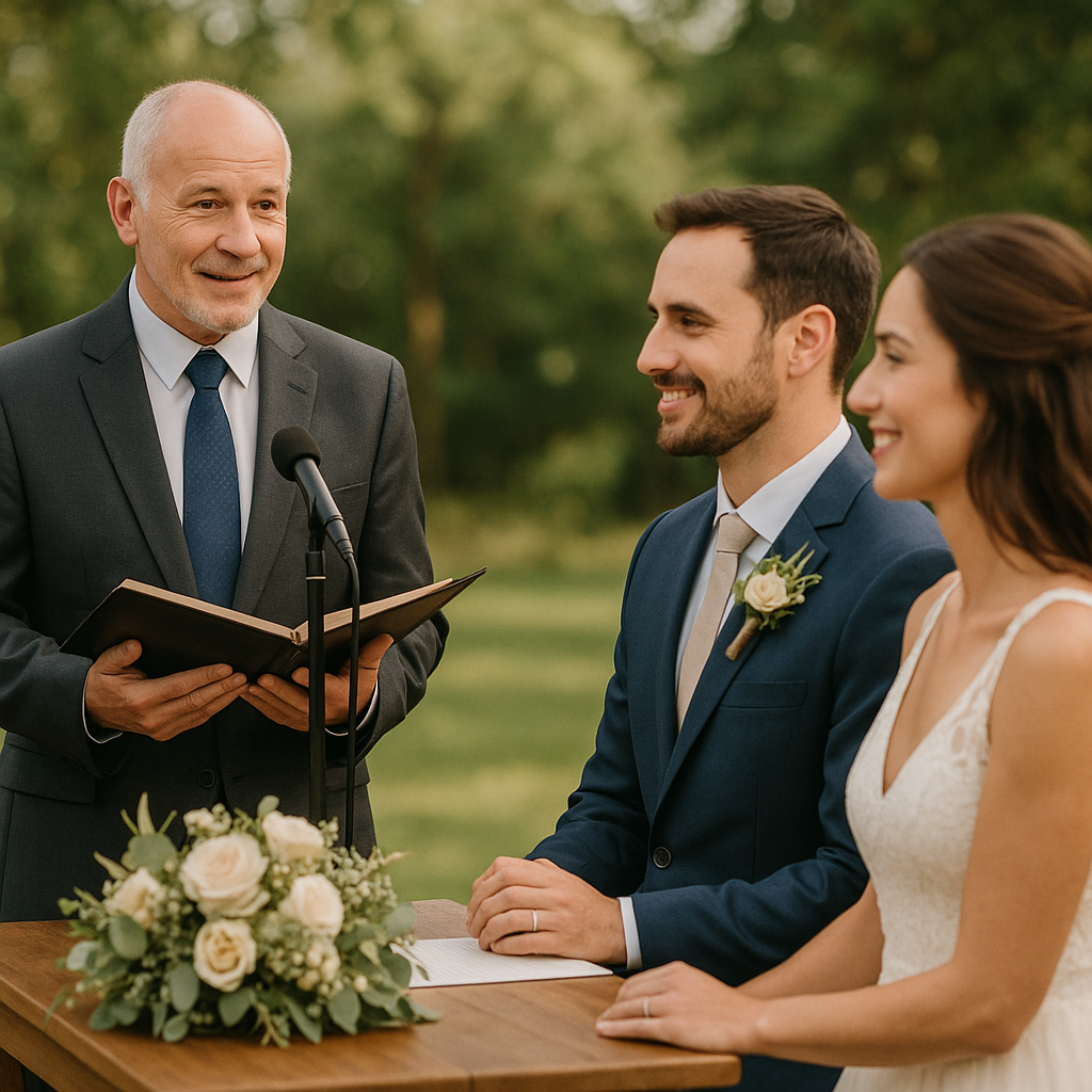 Juiz de paz celebrando casamento civil ao ar livre com noivos diante da mesa de cerimônia