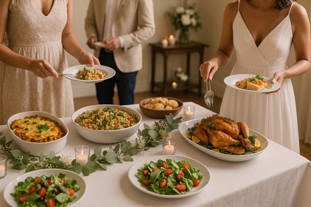 Mesa de buffet de casamento com pratos simples e bem apresentados, como escondidinho, salada de grãos e frango assado, servidos em ambiente decorado de forma elegante e econômica