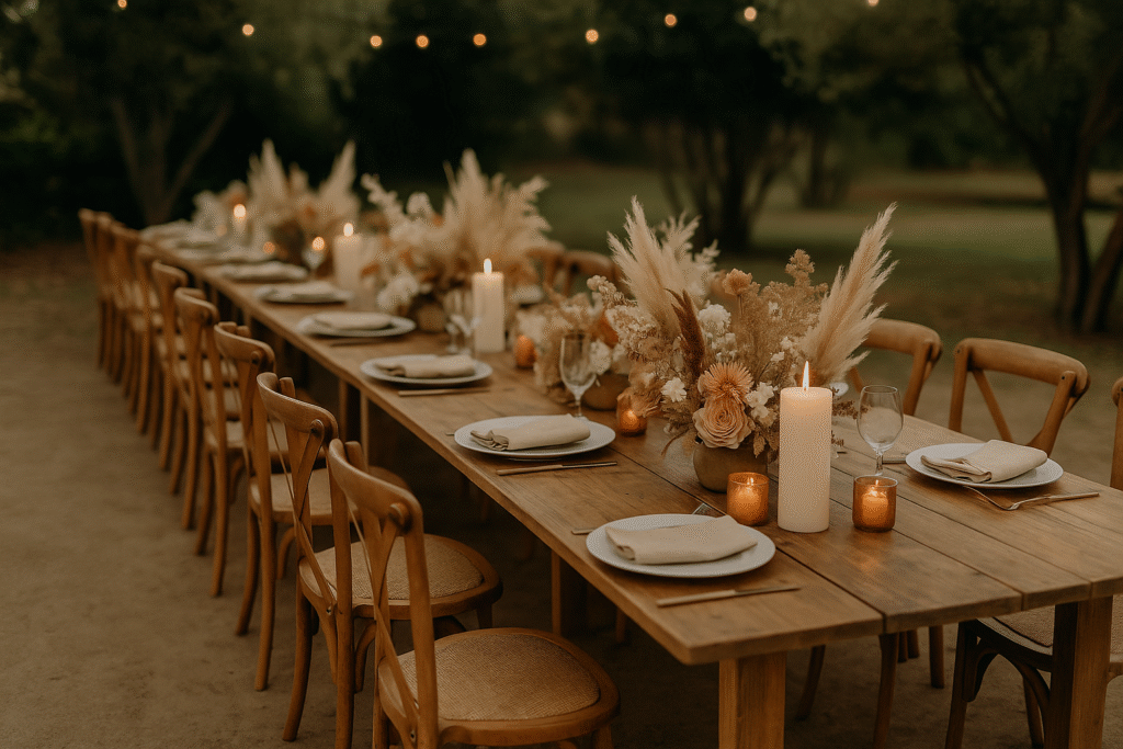Mesa de casamento decorada com elementos naturais, flores secas e velas