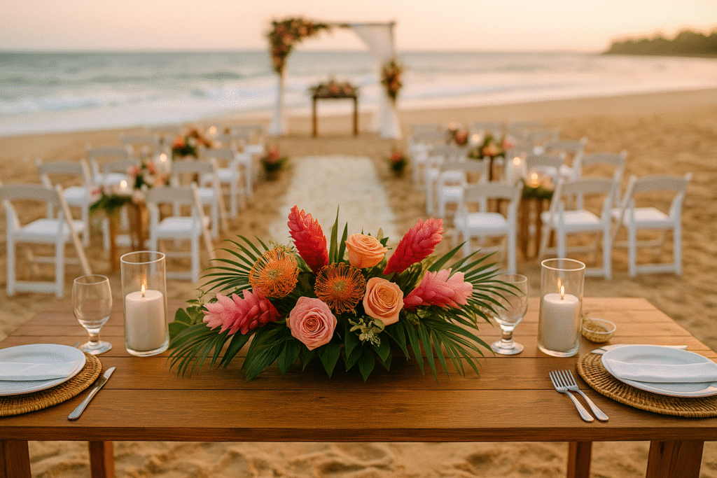 Mesa decorada para casamento na praia com elementos tropicais e elegância