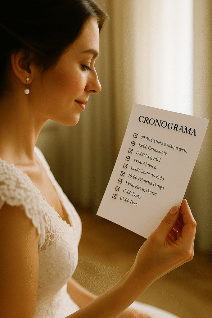 Noiva conferindo o cronograma do casamento durante os preparativos