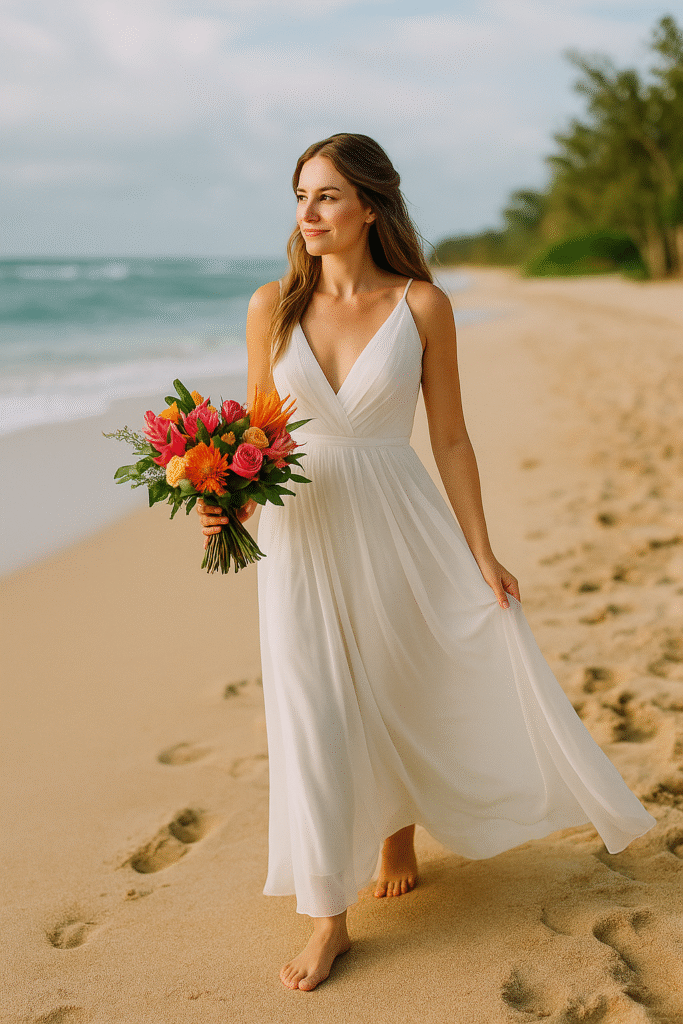 Noiva em casamento na praia com vestido fluido e buquê tropica