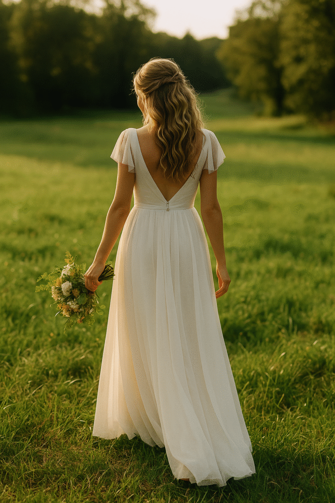 Noiva em casamento no campo com vestido fluido e cenário natural