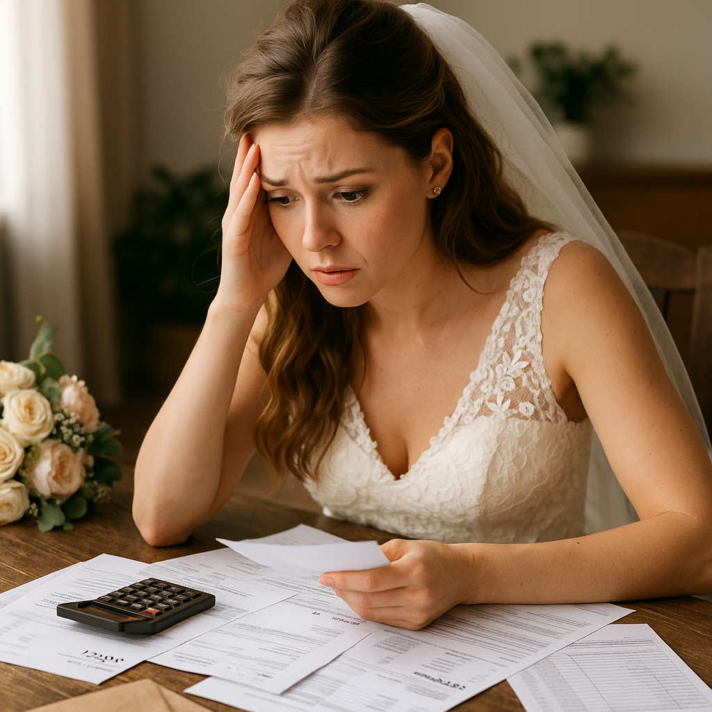 Noiva preocupada analisando orçamento e documentos do casamento