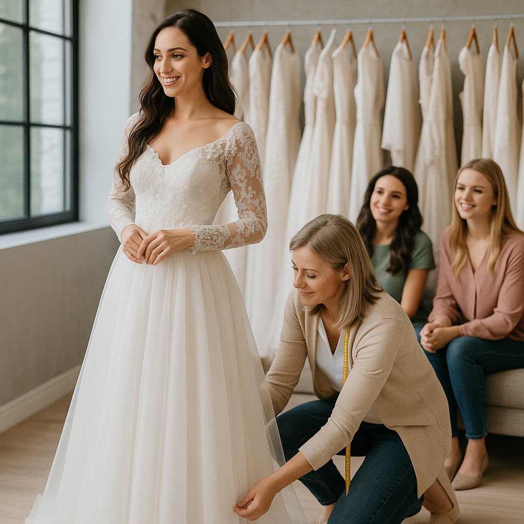 Noiva provando vestido de casamento durante preparação em curto prazo
