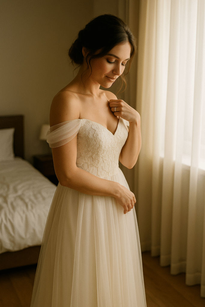 Noiva se preparando para cerimônia intimista com delicadeza e leveza