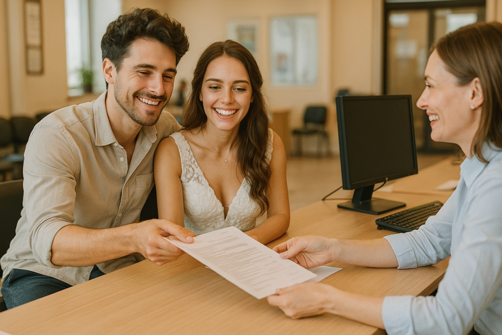 Noivos iniciando processo de casamento civil com entrega de documentos no cartório