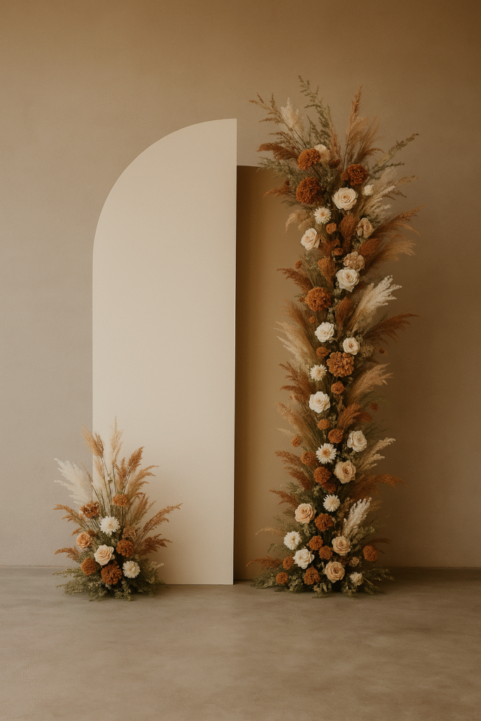 Painel decorativo minimalista com flores naturais em tons terrosos para cerimônia de casamento