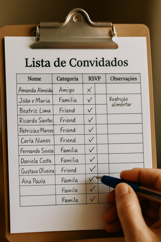 Planilha de convidados com colunas de confirmação e informações, escrita à mão e digital