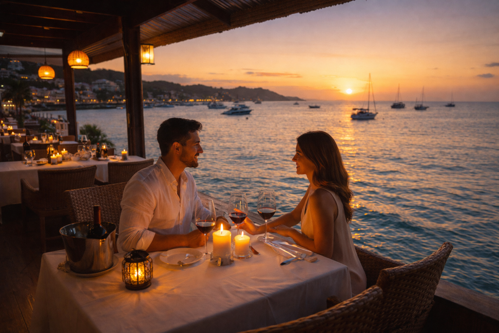 casal em jantar romântico à beira mar em búzios com luz suave ao entardecer