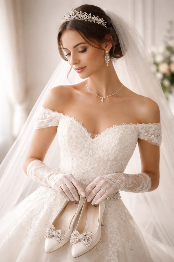 noiva com acessorios completos como veu tiara brincos luvas e sapatos elegantes