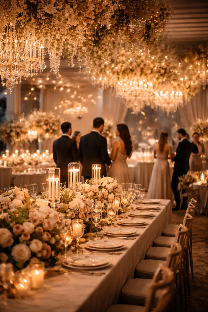 casamento de luxo 2026 com experiência sensorial e decoração sofisticada com iluminação elegante