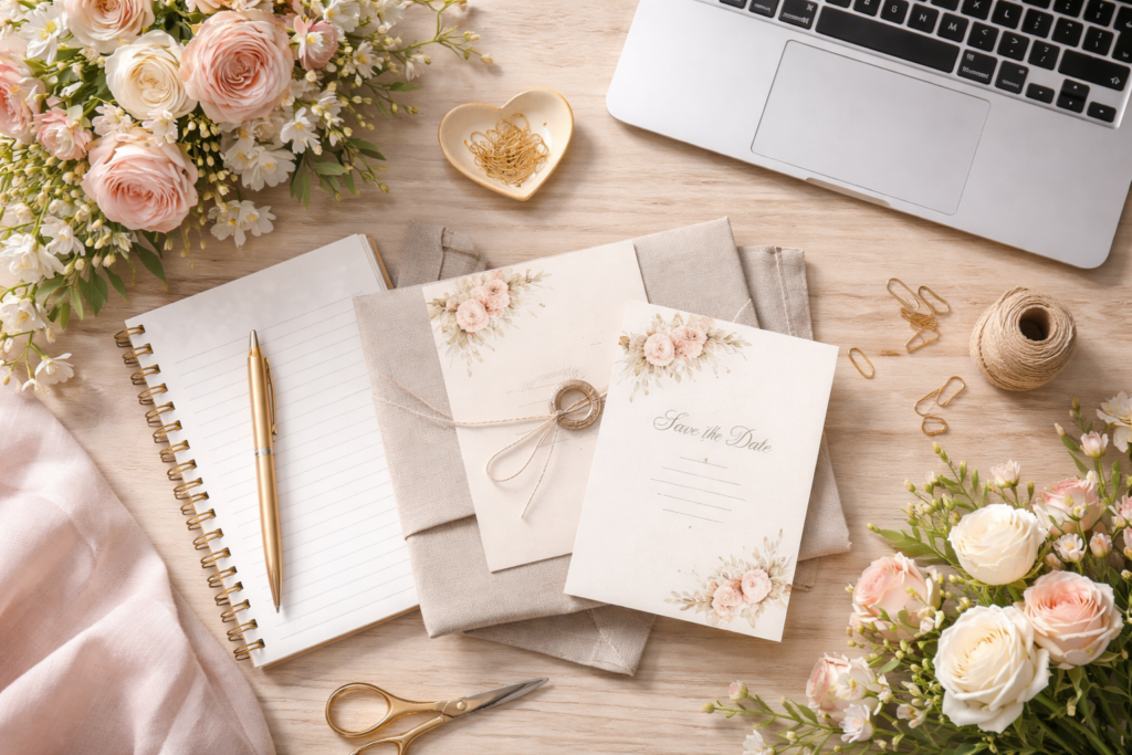 mesa de planejamento de casamento com save the date e materiais de organização