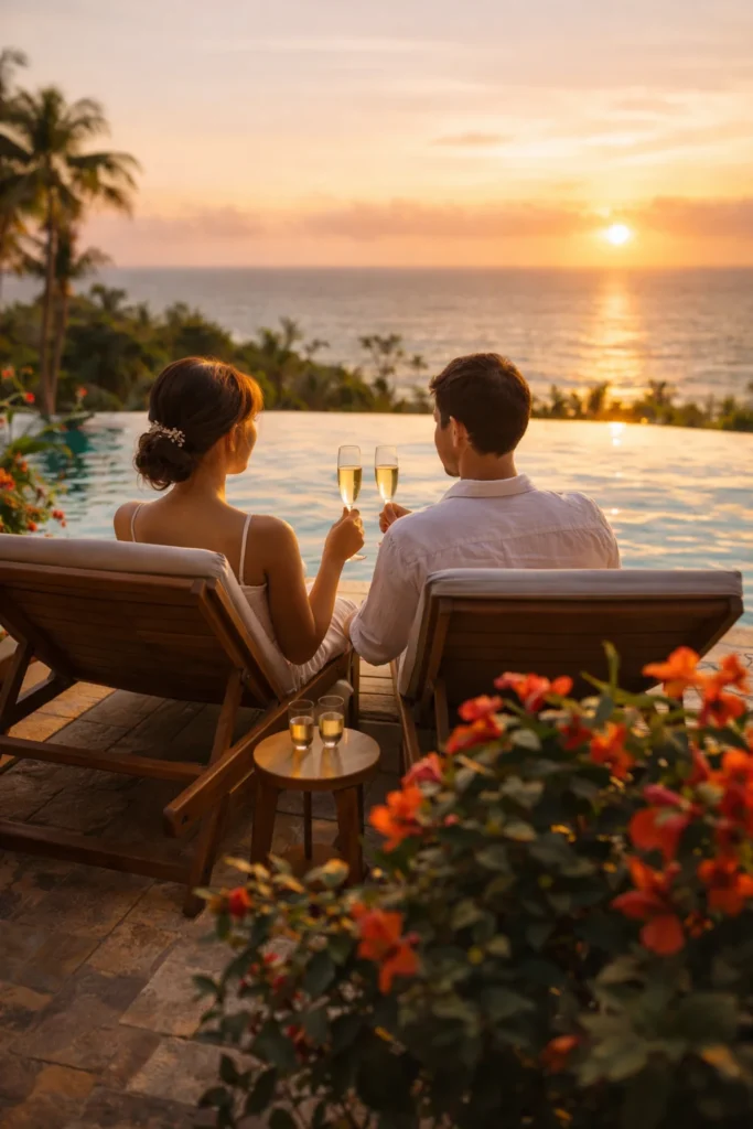 casal brindando com espumante em resort com piscina e vista para o mar ao pôr do sol