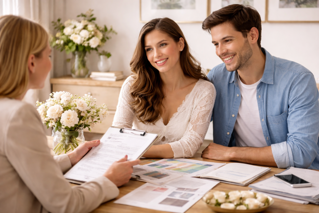 casal planejando casamento com assessora profissional organização do casamento