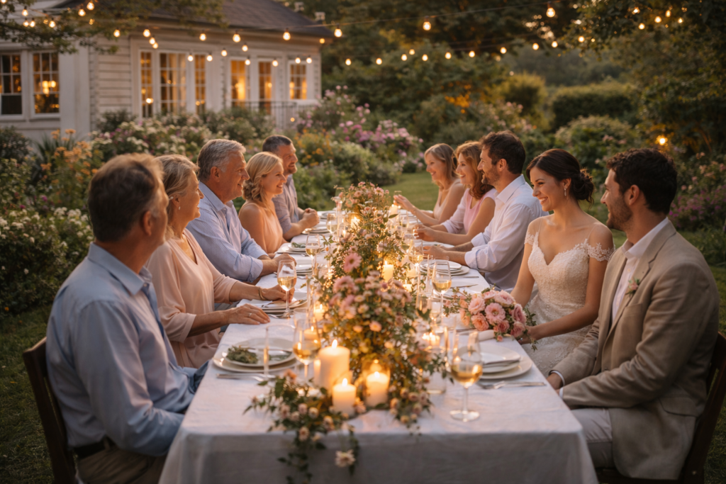 Casamento intimista ao ar livre em jardim com mesa longa decorada com flores e velas