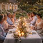 jantar de casamento intimista ao ar livre com família em mesa decorada no jardim