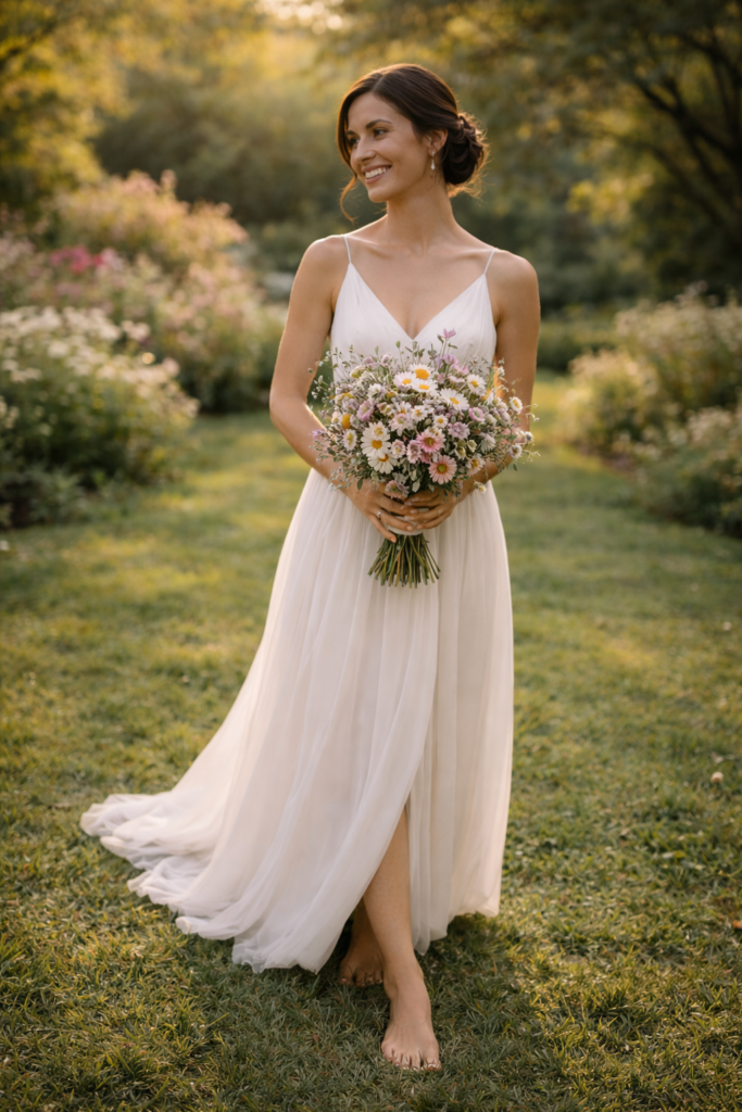 noiva com vestido simples segurando buquê de flores naturais em casamento ao ar livre