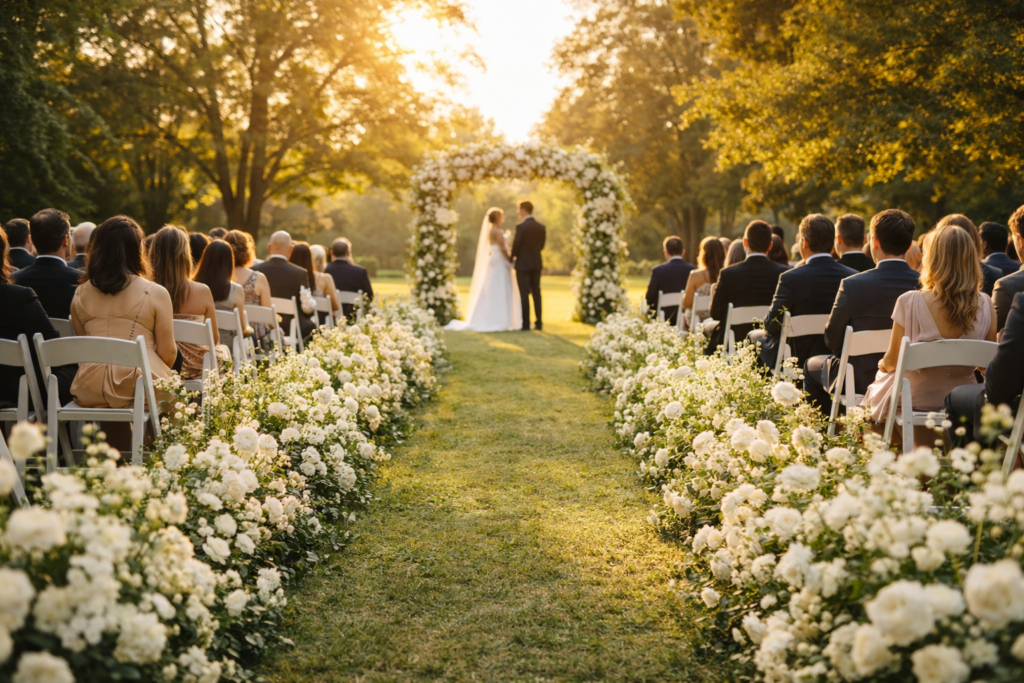 cerimônia de casamento ao ar livre com corredor decorado com flores brancas