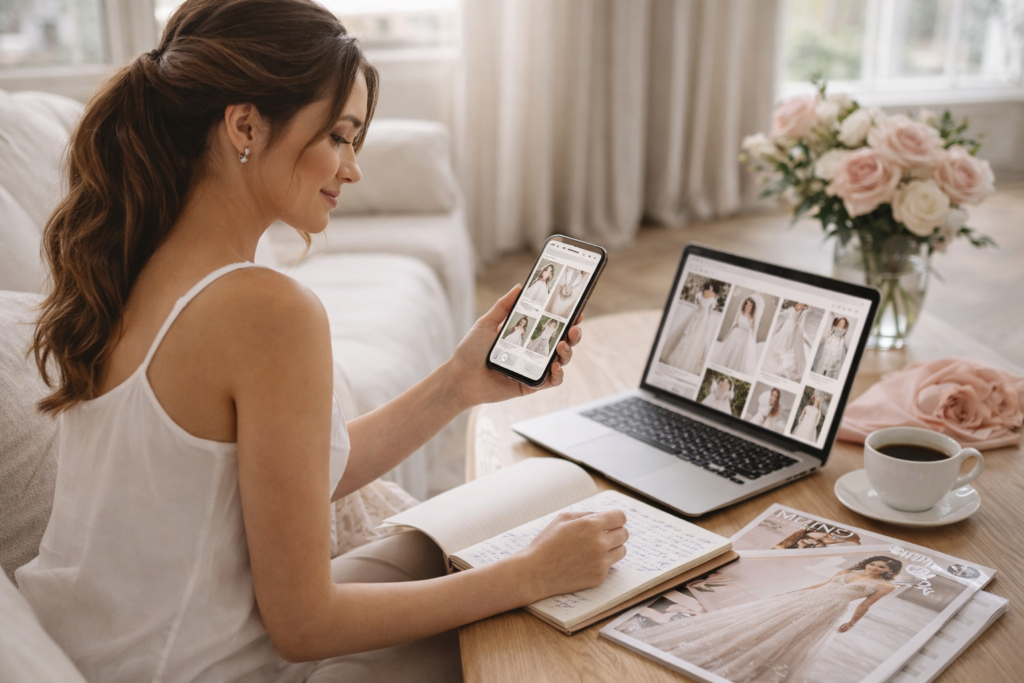noiva pesquisando estilos de vestido de noiva para definir seu estilo ideal