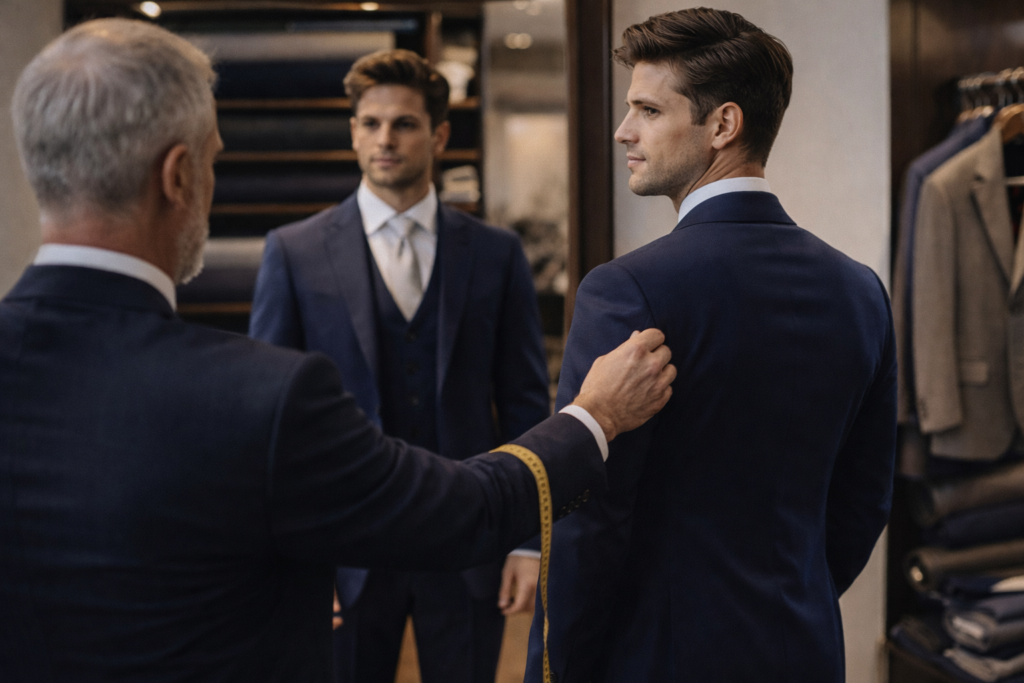 noivo em prova de traje do noivo 2026 em alfaiataria ajuste caimento