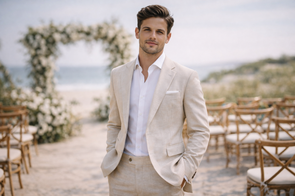 noivo com costume claro traje do noivo 2026 casamento ao ar livre