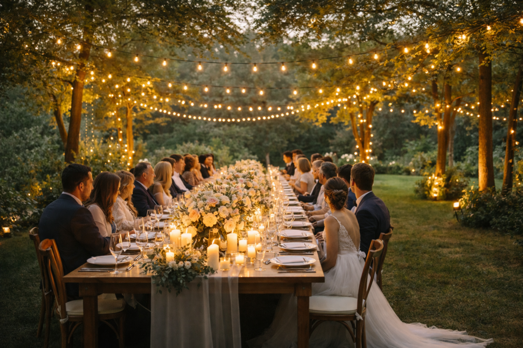 custo de casamento ao ar livre mesa longa decorada com iluminacao e convidados
